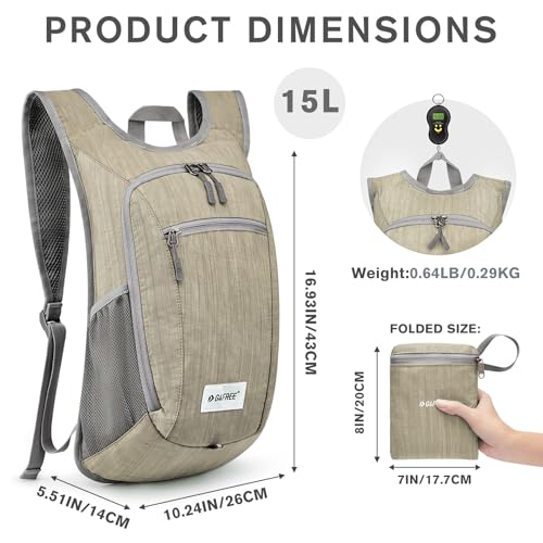 10 15L Small Rucksack Foldable Backpack Lightweight Packable Daypack Travel Outdoor Hiking Shoulder Bag (Beige / 15L)