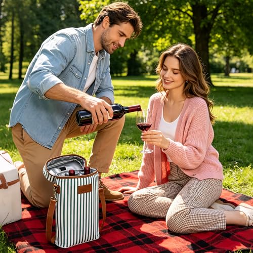 2 Bottle Insulated Wine Tote Carrier Bag (Green Stripe / 2 Bottle-without front pocket)
