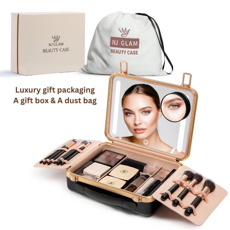 Lighted Makeup Case with Mirror + 10x Mini Mirror (Black)