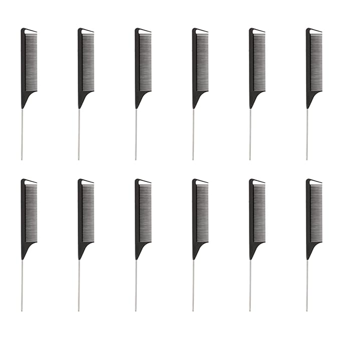 STUDIO LIMITED Carbon Pin Tail Comb Set – 12 Pcs Anti-Static Rat Tail Combs for Easy Parting and Styling with Stainless Steel Tips