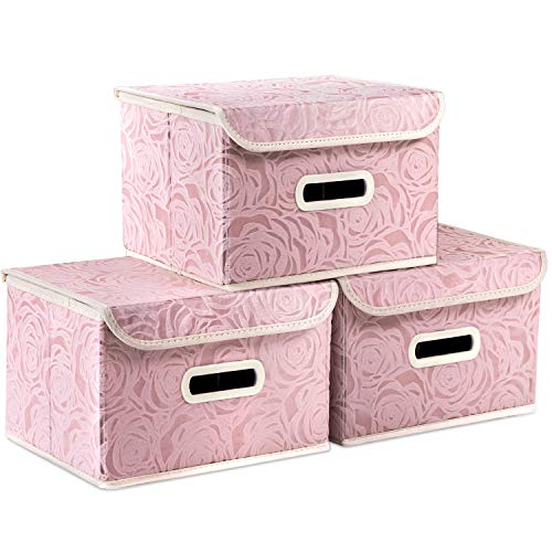 Collapsible Storage Boxes with Lids Fabric Decorative Storage Bins Cubes Organizer Containers Baskets with Cover Handles Divider for Bedroom Closet Living Room 9.8x7.9x6.7 Inch 3 Pack (Pink / Small(3-Pack))