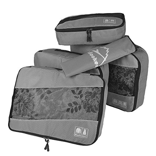 5pc Packing Cubes Set Large Travel Luggage Organizer 4 Cubes 1 Laundry Pouch Bag (Gray)