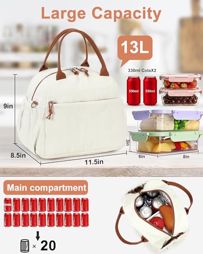 Lunch Bag for Women Men Cute Corduroy Lunch Tote Bags Reusable Insulated Lunch Box Large Capacity Reusable Insulated Cooler for Work Picnic or Travel (Corduroy White brown-13L / 13L)