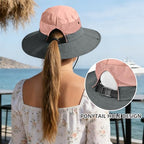 Ponytail Sun Bucket Hats for Women UV Protection Foldable Wide Brim (1 Pack-pink)