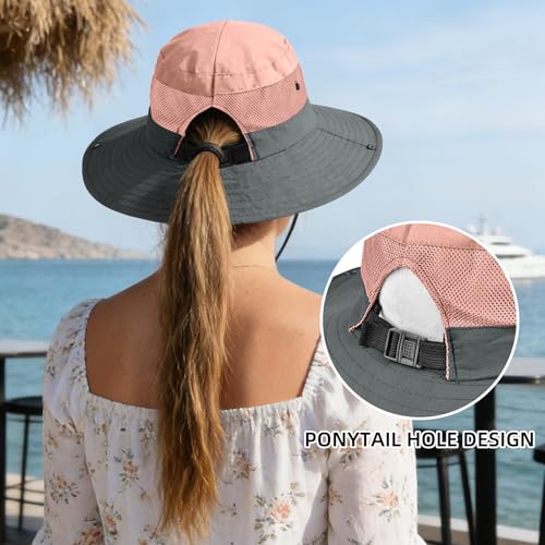Ponytail Sun Bucket Hats for Women UV Protection Foldable Wide Brim (1 Pack-pink)