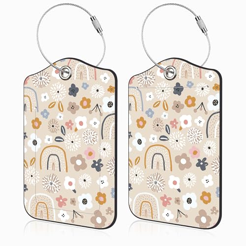 2 Pack Luggage Tags for Suitcases Boho Rainbow Flower Leather Luggage Tags Privacy Cover ID Label with Stainless Steel Loop and Address Card for Women Men Travel Bag Backpack (Boho Rainbow Flower)