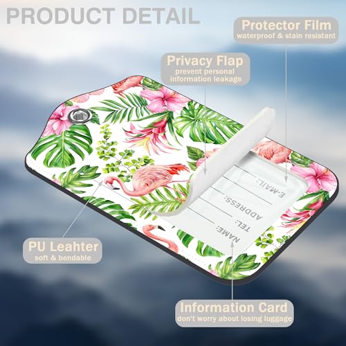 2 Pcs Pink Flamingo Luggage Tags for Suitcases Tropical Flowers and Palm Leaves PU Leather Baggage Tags Name ID Label with Privacy Cover and Stainless Steel Loop for Men Women Travel Bag Suitcase (Pink Flamingo)