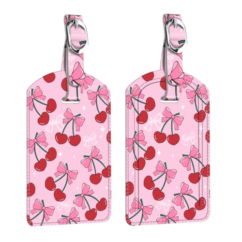 2 Pack Luggage Tags Leather Name ID Labels with Privacy Cover (Pink Cherry)