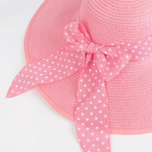 Wide Brim Sun Hat for Women Floppy Straw Hat Summer Beach Hats Fashionable Trendy Hats Sun Protection UPF 50+ (1 Pc: Pink With White Polka Dots)