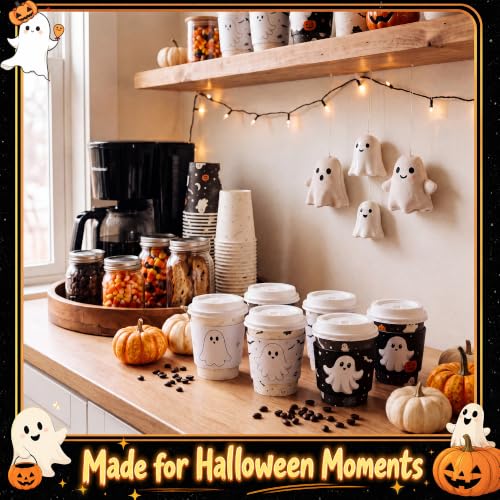 48 Sets 8 oz Halloween Disposable Coffee Cups with Lids and Sleeves (Ghost)