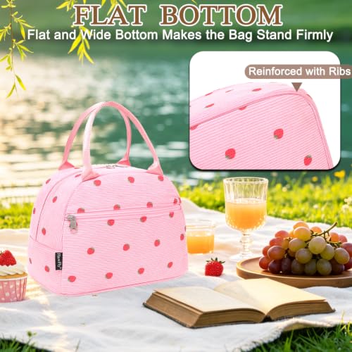 Insulated Lunch Bag for Women (Corduroy Strawberries RoseRed)