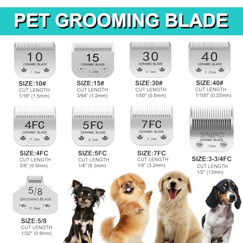 3FC/4FC/5FC/7FC Silver Detachable Clipper Ceramic Blades, Dog Grooming Clipper Replacement Blades Compatible with KM Series Clippers, Most A5, Size-3FC/4FC/5FC/7FC, Cut Length 3.2mm to 13mm, 4 Packs