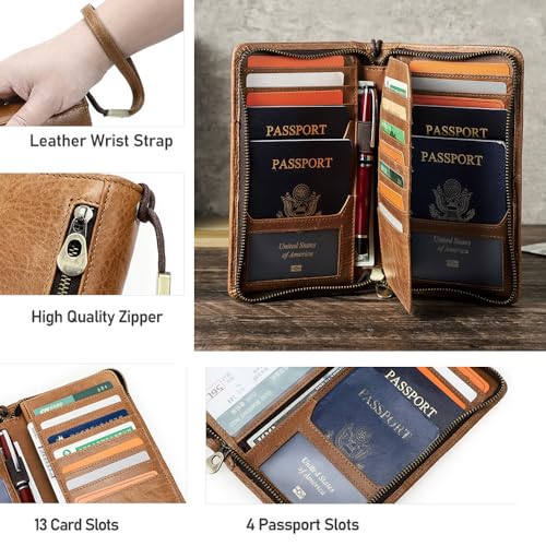 Full Grain Leather Travel Family Passport Holder for 4 Passport Wallet RFID Blocking Passports Organizer 3 Layer Design Fit 4 Passports (Camel Brown)