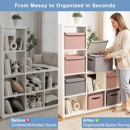 Linen Fabric Foldable Storage Cube Bin Organizer Basket with Flip (Pink & Gray / Medium - 4 Pack)