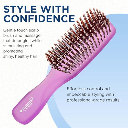 GION2PP Neon Purple 6.25 inch Gentle Touch Detangler Hair Brush for Men Women and Kids. Soft Bristles for Sensitive Scalp. Travel Brush (Small / Purple)
