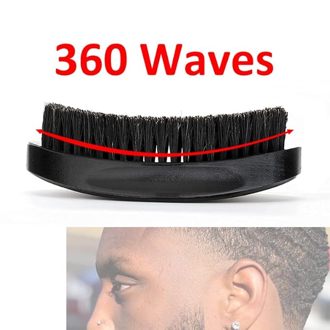 360 Curved Wave Brush For Men - Medium Hard Palm Wave Hair Brushes - Made with Beech Mix Nature Boar Bristle Brush For Black Hair (Black)