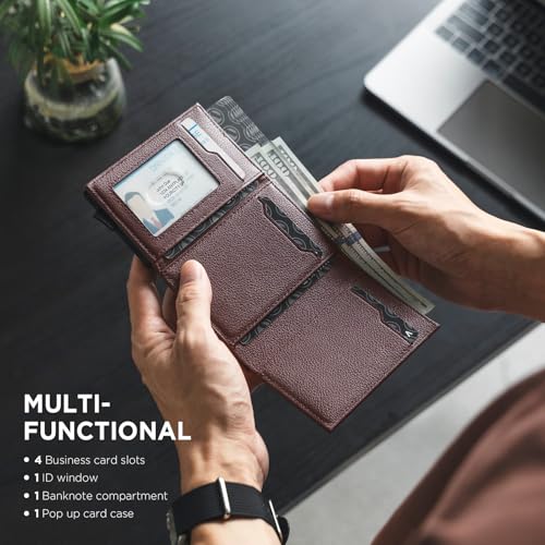 Pop up Card Wallet Minimalist Cash Wallets RFID Blocking Leather Smart Credit Card Holder with ID window for Men (Top-Grain Cowhide Litchi Espresso)