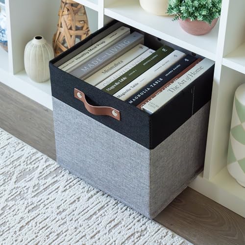 12x12 Cube Storage Bins (Gray Base / Black / (12x12) Leather Handles)