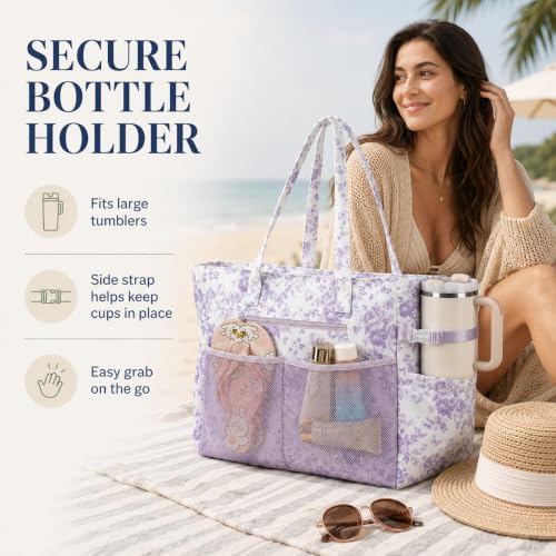 Waterproof Beach Tote Pool Bags for Women Ladies Extra Large Carry On Bag With Wet Compartment for Weekender Travel (Lavender Toile Floral 277)