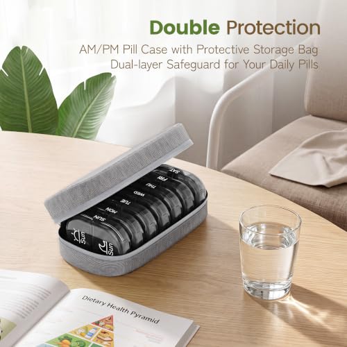 Weekly Travel Pill Organizer 2 Times a Day AM PM Black Pill Box (A Canvas Grey 01 / 1 Set Canvas Case)
