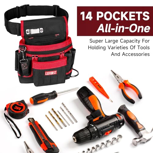 Tool Belt,14-Pockets Tool Belts for Men with Magnetic Tool Pouch (Black&red)