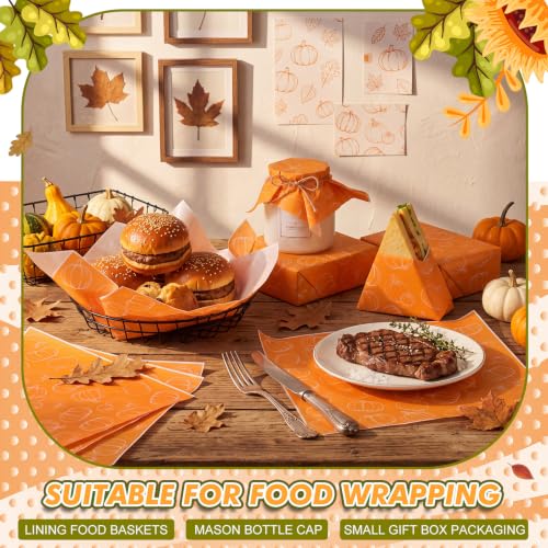 100 Pcs Fall Pumpkin Wax Paper Sheet for Food Wrapping (Orange / Pumpkin)