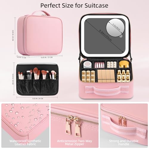 Makeup Case with Mirror and Lights (Pink / Integrated)