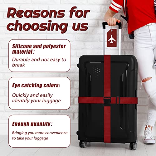 8 Pcs Luggage Straps Suitcase Tags Set for Tsa Approved (Wine Red / Airplane)