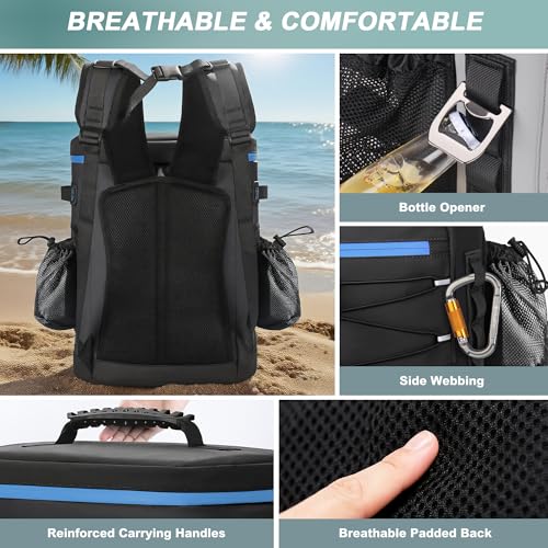 Large 52 Can Insulated Waterproof Leakproof Cooler Backpack (Black, Blue Zipper)