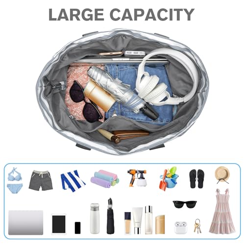 Beach Bag Waterproof Sandproof Large Capacity Foldable for Women (Grey Stripe / 80L)