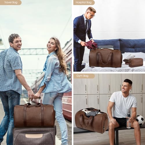 3PCS Faux Leather Weekender Bag for Women Men Travel Bag Overnight Bags (Coffee)