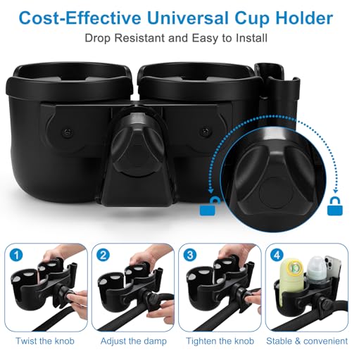 Stroller Cup Holder with Phone Holder (Double Holder-All Black)