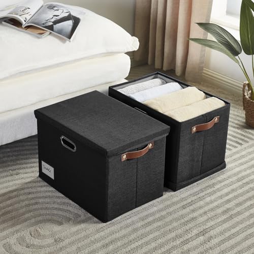 15" Fabric Storage Box with Lids (Black / Medium-3 Pack)
