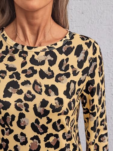 Long Sleeve Shirts for Women Casual Crewneck Tops Basic Tees (Small / Leopard2)
