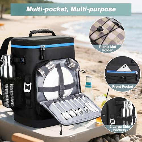 Large 52 Can Insulated Waterproof Leakproof Cooler Backpack (Black, Blue Zipper)