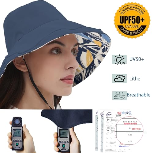 Womens Sun Hats Wide Brim Reversible Bucket Cotton Hat Packable Summer Travel Cap with Hat Clip (Medium / Navy Blue2)
