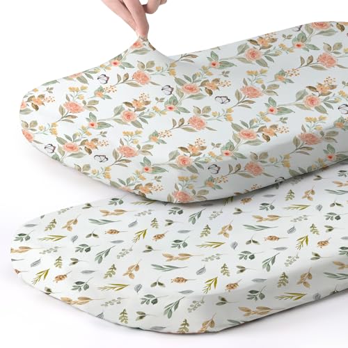 Stretch Fitted Bassinet Sheet Set BROLEX 2 Pack Cradle Sheets for Bassinet Pad (Rose Foliage / 32x16 Inch)