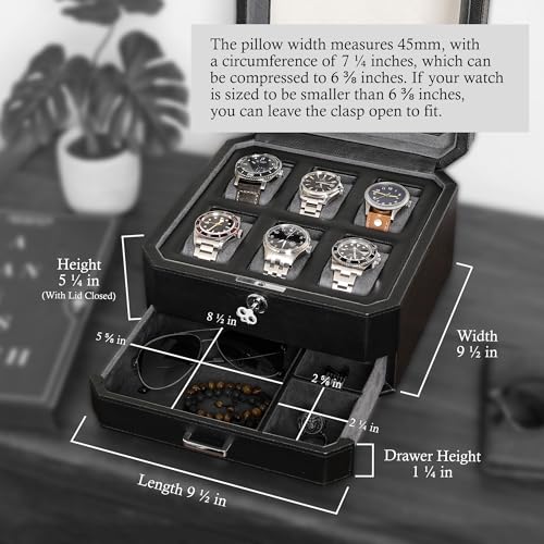 6 Slot Leather Watch Box with Valet Drawer (6 Slot - Black / Grey)