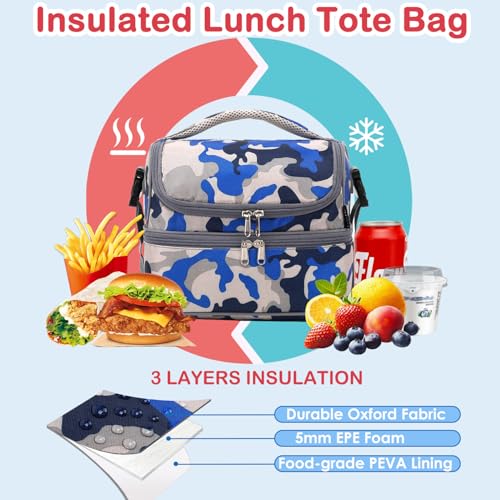 Kids Double Decker Cooler Insulated Lunch Bag Large Tote for Boys (Blue Camo)