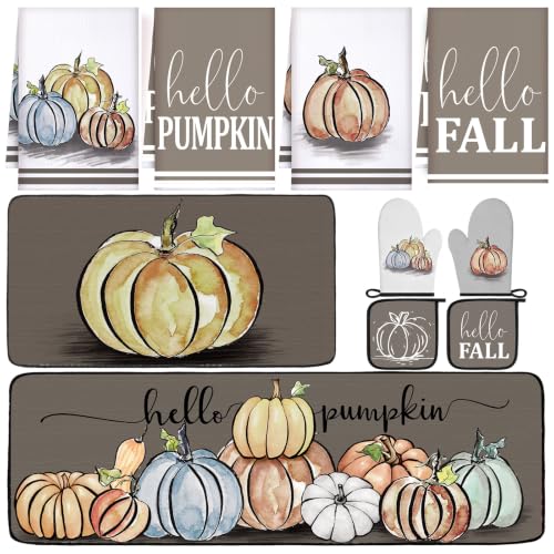 10 Pcs Fall Pumpkin Kitchen Decor Set Kitchen Towels Pot Holders Oven Mitts and Rugs Set Thanksgiving Towels for Baking Cooking BBQ Autumn Home (Light Brown / Minimalist Style Pumpkin)