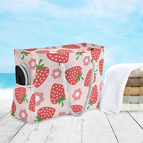 Large Beach Bags Totes Canvas Tote Shoulder Bag Soft Wave Water Resistant Bags for Gym Travel Daily Ocean (Strawberry)