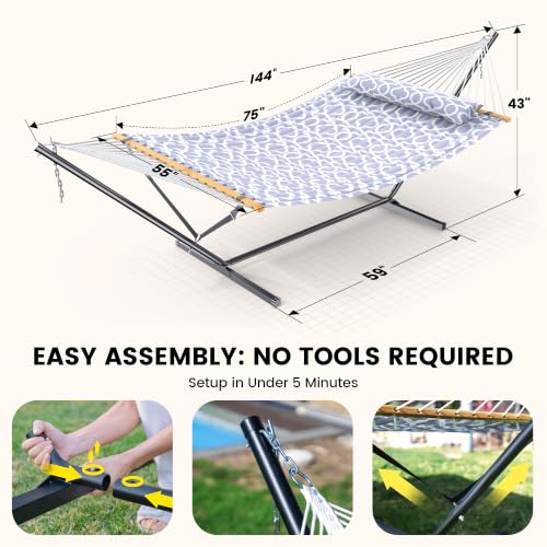 Double Hammock with Stand 500lbs Heavy Duty Outdoor Two Person White (White Grey)