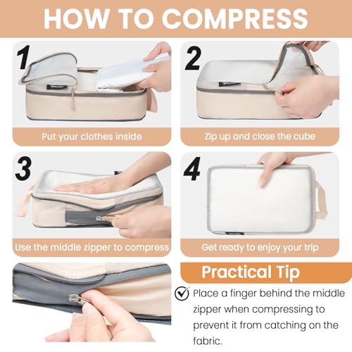 6 Set Ultralight Compression Packing Cubes Packing Organizer for Travel Accessories Luggage Suitcase Backpack (Beige70D / Mesh Pattern)