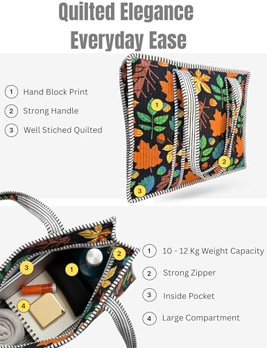 100% Cotton Quilted Tote Bag For Women (Black Beauty Choco Chic Floral Print)