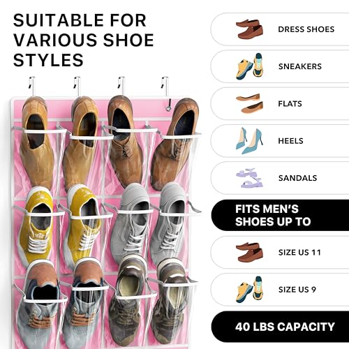 24 Pockets Large Clear Over the Door Shoe Organizer (Extra Large Pockets / Pink)