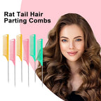 6 PCS Rat Tail Hair Parting Combs (Pink+Yellow+Green)