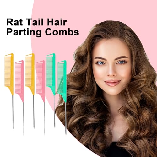 6 PCS Rat Tail Hair Parting Combs (Pink+Yellow+Green)