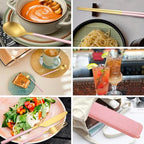 6 Pieces Stainless Steel Flatware Set Portable Reusable Cutlery Set Travel Utensils Set Including Chopsticks Knife Fork Spoon Straws Cleaning Brush Dishwasher Safe (B-Pink golden)
