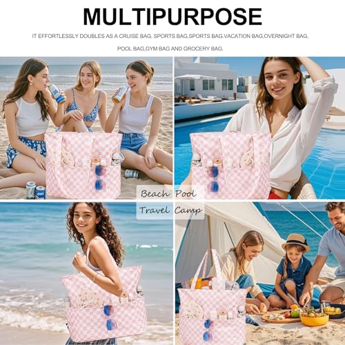 Waterproof Beach Tote Pool Bags for Women Ladies Extra Large Gym Tote Carry On Bag With Wet Compartment for Weekender Travel (Checked Pink White)