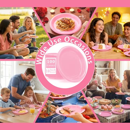 100 Pcs 10 Inch Pink Plastic Plates (Pink / 100 Pcs)